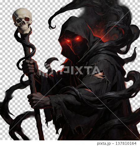 闇を纏う魔術師、燃えるような赤い目と骸骨の杖を構えるフードの人物 137810164