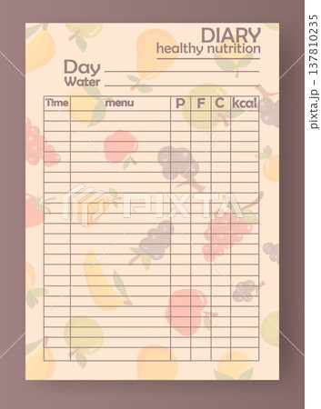 A blank diary template allows users to log daily meals and nutrition. It features sections for date, water intake, menu details, and calorie tracking 137810235