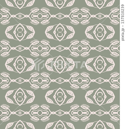Sage Green and White Boho Ornamental Seamless Pattern with Floral Medallions and Leaves 137810239