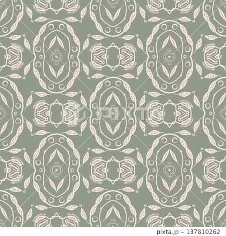 Sage Green and White Boho Ornamental Seamless Pattern with Floral Medallions and Leaves Sage Green and White Boho Ornamental Seamless Pattern with Floral Medallions and Leaves 137810262