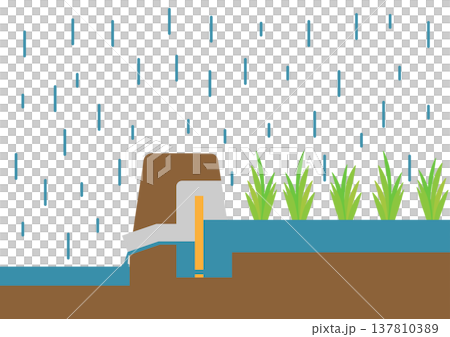 豪雨の雨水を田んぼダムによって流出抑制を行っているイメージイラスト 137810389