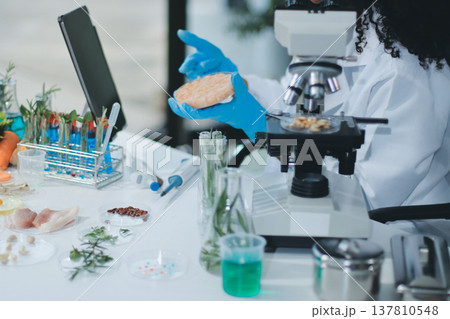Chemical Laboratory of the Food supply . Food in laboratory, dna modify .GMO Genetically modified food in lab . 137810548