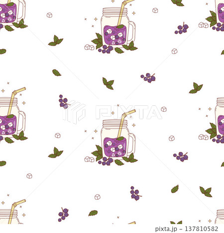Purple Blackcurrant Drink Seamless Pattern. Seasonal Berries Cocktail, Mint and Ice Cubes in clear mason jar with straw on White Background. Summer Refreshing smoothie template. Vector Illustration 137810582
