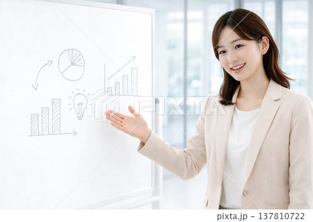 ホワイトボードの前で戦略を説明する女性オフィスリーダー 137810722