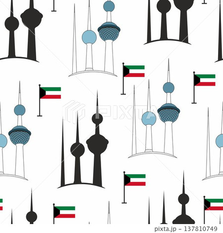 Seamless pattern. Kuwait towers. Isolated on white background. Kuwait flag. Colorful and black towers. 137810749
