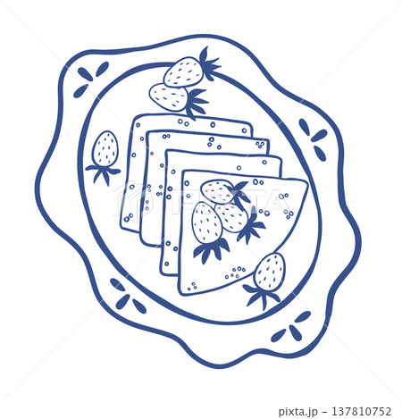 Hand drawn pancakes with strawberres on ornamental plate in blue outline style. Minimalist food vector illustration ideal for cafe menu design, deli branding, packaging and modern kitchen graphics 137810752