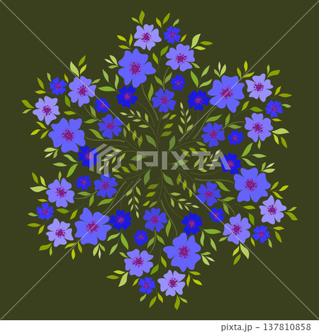 Bouquet of flowers and leaves in folk style. Cozy summer mandala. Flowers in shadows of purple blue on dark green background. Romantic graceful floral illustration. Delicate spring round ornament 137810858