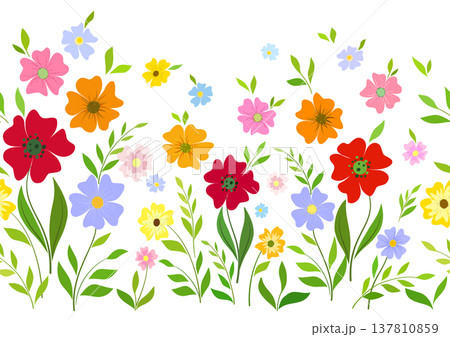 Seamless border of summer wild flowers in folk style. Vector pattern of bright flowers. Colorful bright flowers on white background. Romantic graceful floral design for textile, wallpaper, web, etc. Seamless border of summer wild flowers in folk style. Vector pattern of bright flowers. Colorful bright flowers on white background. Romantic graceful floral design for textile, wallpaper, web, etc. 137810859