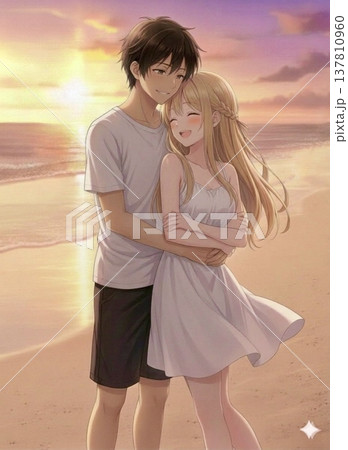 夕焼けの浜辺でロマンティックにバックハグする恋人たち 137810960