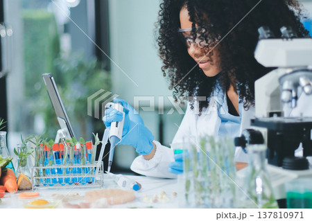 Chemical Laboratory of the Food supply . Food in laboratory, dna modify .GMO Genetically modified food in lab . Chemical Laboratory of the Food supply . Food in laboratory, dna modify .GMO Genetically modified food in lab . 137810971