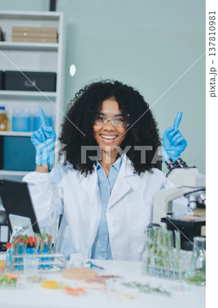 Chemical Laboratory of the Food supply . Food in laboratory, dna modify .GMO Genetically modified food in lab . 137810981