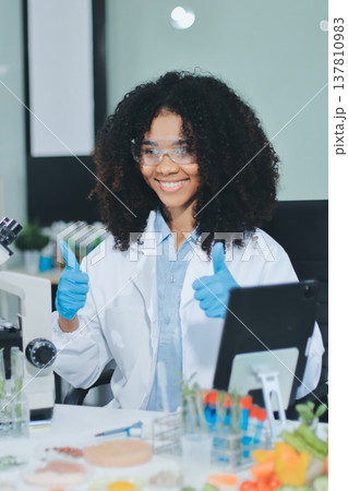 Chemical Laboratory of the Food supply . Food in laboratory, dna modify .GMO Genetically modified food in lab . 137810983