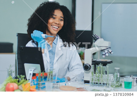 Chemical Laboratory of the Food supply . Food in laboratory, dna modify .GMO Genetically modified food in lab . 137810984
