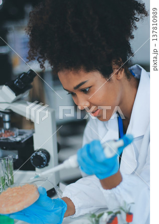 Chemical Laboratory of the Food supply . Food in laboratory, dna modify .GMO Genetically modified food in lab . 137810989