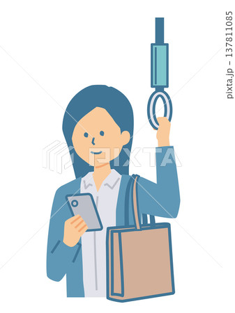 電車通勤中スマホを見ている女性のイラスト 電車通勤中スマホを見ている女性のイラスト 137811085