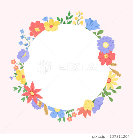 Round Flower banner frame or greeting card. Vector banner template with garden and wildflowers and leaf branches. 137811204