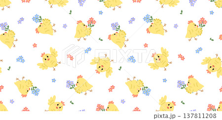 Seamless pattern of funny cartoon chickens, flowers. Vector illustration background, wallpaper for nursery, kids apparel, poster and postcard. Seamless pattern of funny cartoon chickens, flowers. Vector illustration background, wallpaper for nursery, kids apparel, poster and postcard. 137811208