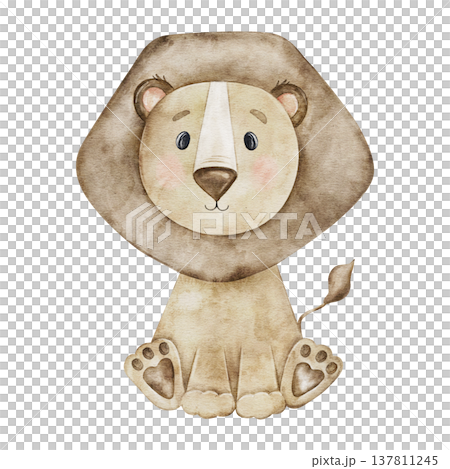 Cute baby lion, Safari animal. Hand painted watercolor illustration isolated on background. Cartoon clipart for wall sticker, poster, childrens book illustration, newborn print 137811245