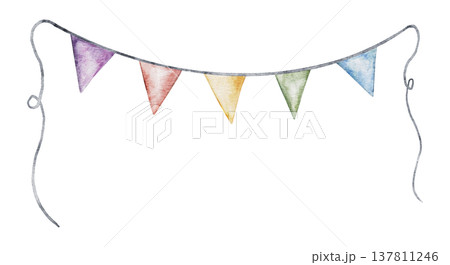 Watercolor Cute multicolor garland, Colorful flags hanging on isolated background. celebration design element. Hand drawn kids illustration for baby shower greeting cards, birthday banners, and 137811246