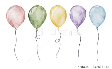 Set of Colorful Air Balloons. Hand drawn Watercolor illustration with multicolored round Ballons for birthday party 137811248