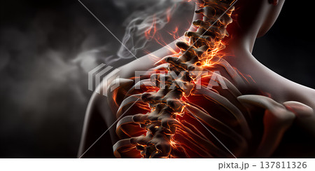 Closeup of male back featuring fiery cervical nerves and pronounced thermal skin textures 137811326