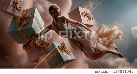 Model draped in shimmering clothes. Graceful figure moves through luminous clouds with gifts 137811343