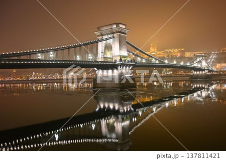 Szechenyi Chain Bridge with Buda Castle at Night in Budapest Szechenyi Chain Bridge with Buda Castle at Night in Budapest 137811421
