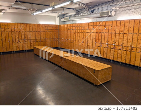 Wooden Lockers and Bench in Changing Room 137811482