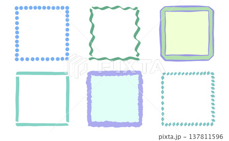 Square doodle frames vector illustration set. Hand drawn blue, green, purple borders with dotted, wavy and double line edges. Minimal flat background templates for card, label, packaging design 137811596