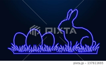Blue neon outline of easter bunny and eggs on grass background. Blue neon outline of easter bunny and eggs on grass background. 137811693