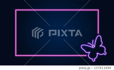 Neon frame with butterfly on dark blue background. 137811694