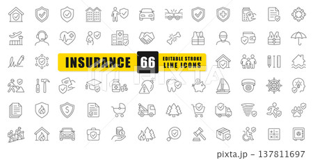 Insurance Line Icon Set Featuring Editable Stroke Vector Symbols. Includes Health, Auto, Home, Travel, Property, Liability, And Financial Protection Elements. Perfect For Apps, Web, Print, And Infogra Insurance Line Icon Set Featuring Editable Stroke Vector Symbols. Includes Health, Auto, Home, Travel, Property, Liability, And Financial Protection Elements. Perfect For Apps, Web, Print, And Infogra 137811697