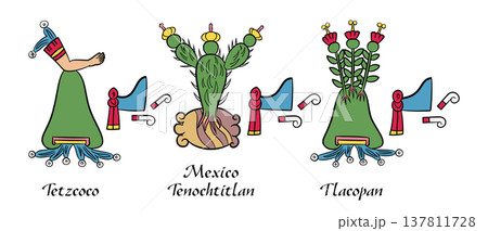 Aztec Empire, Triple Alliance, glyphs of city-states. Water shoulder on mountain stand for Tetzcoco. Prickly pear cactus on stone for Mexico-Tenochtitlan. Flower stems on mountain for Tlacopan. Vector Aztec Empire, Triple Alliance, glyphs of city-states. Water shoulder on mountain stand for Tetzcoco. Prickly pear cactus on stone for Mexico-Tenochtitlan. Flower stems on mountain for Tlacopan. Vector 137811728