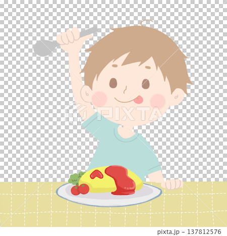 オムライスを食べる男の子イラスト 137812576