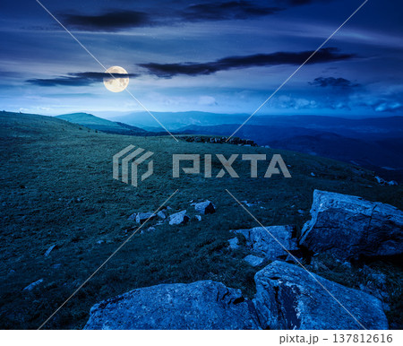 alpine mountain landscape at night. untouched grass and sharp sandstone on wide meadow in full moon light. travel background for hiking in summer. amazing rolling vista wallpaper. mysterious fantasy alpine mountain landscape at night. untouched grass and sharp sandstone on wide meadow in full moon light. travel background for hiking in summer. amazing rolling vista wallpaper. mysterious fantasy 137812616