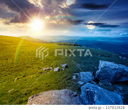 alpine mountain landscape. day and night time change concept. untouched grass and sharp sandstone on wide meadow with sun and moon. travel background for summer solstice. rolling astrology wallpaper alpine mountain landscape. day and night time change concept. untouched grass and sharp sandstone on wide meadow with sun and moon. travel background for summer solstice. rolling astrology wallpaper 137812626