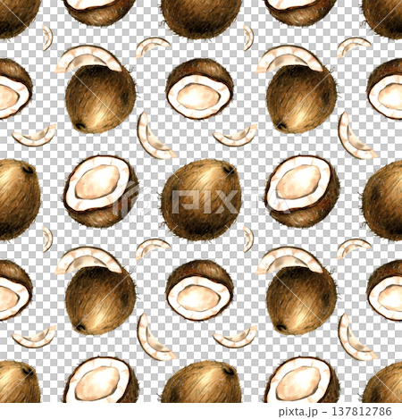 Watercolor coconut seamless pattern. Whole, half and slices tropical fruit. Simple repeat ornate illustration on transparent background with pieces of coco for food packaging, kitchen textile design 137812786