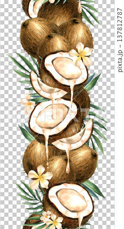 Watercolor coconut seamless border vertical, flowing white milk, dripping drop of oil. Tropical greenery and white flowers. Hand drawn repeat illustration isolated from background. Banner, frame Watercolor coconut seamless border vertical, flowing white milk, dripping drop of oil. Tropical greenery and white flowers. Hand drawn repeat illustration isolated from background. Banner, frame 137812787