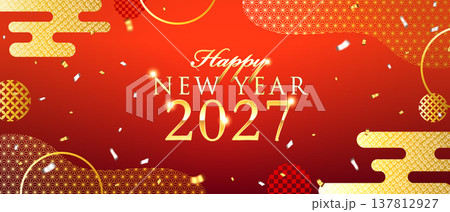 和モダン新年2027バナー｜赤×金和柄・麻の葉・市松・紙吹雪背景テンプレート 137812927