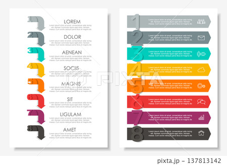 Dual infographic layouts with numbered steps, icons, text for business, planning, or presentation purposes. Vector illustration. 137813142