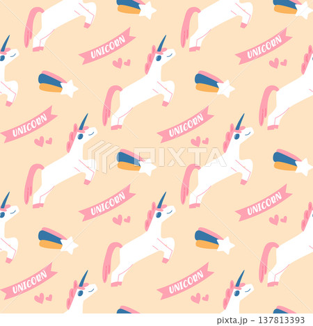 Magical unicorn seamless pattern with pink ribbons, falling stars and hearts, cute fairytale nursery background, vector illustration for kids fabric 137813393