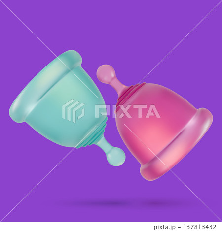 3d Color Menstrual Cup Set Concept Cartoon Design Style Eco Friendly Medical Blood Container for Period. Vector illustration 137813432
