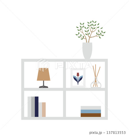 白い棚と雑貨のミニマルインテリア シンプル収納イラスト 137813553