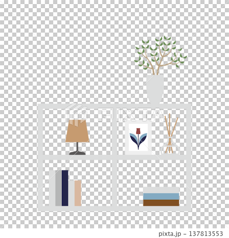 白い棚と雑貨のミニマルインテリア シンプル収納イラスト 137813553