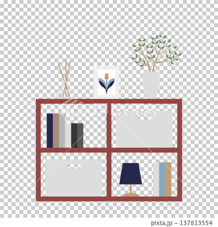 紅色邊框的置物架和裝飾品:簡約時尚的室內插圖 紅色邊框的置物架和裝飾品:簡約時尚的室內插圖 137813554