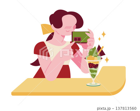 抹茶パフェに喜び写真を撮る女性 カフェ巡り 抹茶スイーツ 137813560
