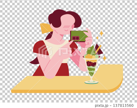 抹茶パフェに喜び写真を撮る女性 カフェ巡り 抹茶スイーツ 137813560