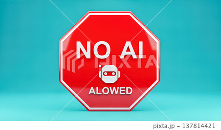 red stop sign with no AI allowed text and robot head icon isolated on bright blue background artificial intelligence ban restriction copyright protection concept 137814421