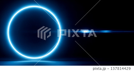 glowing blue neon circle standing dark room reflective floor horizontal lens flare futuristic interior modern abstract art geometric shape cyber light space concept glowing blue neon circle standing dark room reflective floor horizontal lens flare futuristic interior modern abstract art geometric shape cyber light space concept 137814429