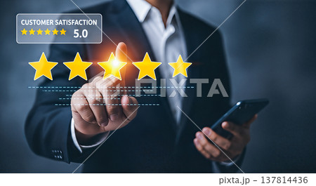businessman pointing glowing yellow five stars rating virtual screen customer satisfaction excellent service feedback quality review business digital technology successful evaluation concept 137814436